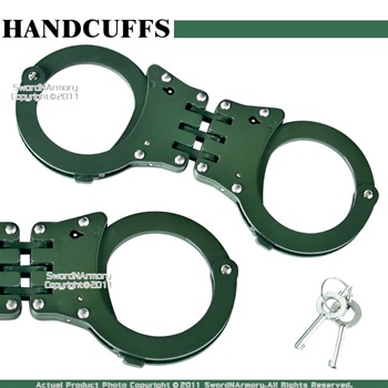 Green Steel Triple Hinged Double Lock Handcuffs W/ Key