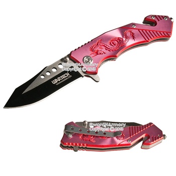 8" Assisted Opening Knife Pink Dragon Engraved Handle Glass Breaker Belt Cutter