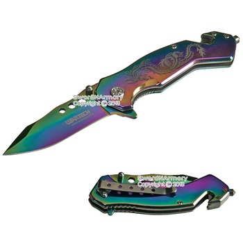 8" Titanium Coat Finish Assisted Opening Knife Full Metal Dragon Engraved Handle