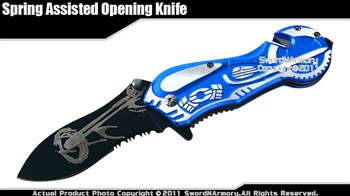 Spring Assisted Opening Chopper Knife Rescue Pocket Folder Black Blade Blue Handle