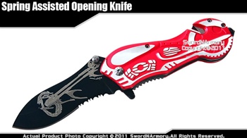 Spring Assisted Opening Chopper Knife Rescue Pocket Folder Black Bade Red Handle