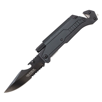 Multi Function Spring Assisted Opening Knife Flash Light Fire Starter Can Opener
