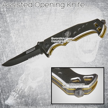 8.7" Spring Assisted Open Folding Knife w/ Full Metal Skull Handle Glass Breaker