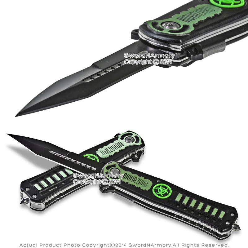 Spring Assisted Open Tactical Knife Zombie Green Biohazard Emblem