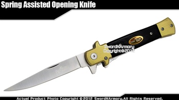 8" Duck Brand Spring Assisted Pocket Folding Black Handle Gold Color Bolster
