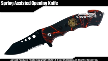 Red Camo Fire Fighter Emblem Assisted Opening Rescue Knife with Belt Cutter