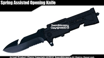 Black Spring Assisted Open Folding Knife Serrated Blade Gut Hook Rope Cutter
