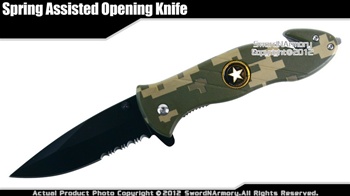 Army Green Camo Assisted Opening Pocket Rescue Knife Belt Cutter Glass Breaker