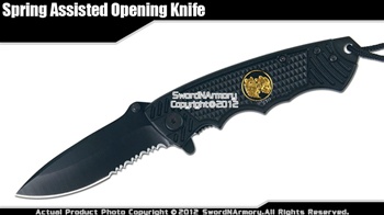 Black Tactical Spring Assisted Opening Knife Serrated Pocket Folder Wolf Emblem