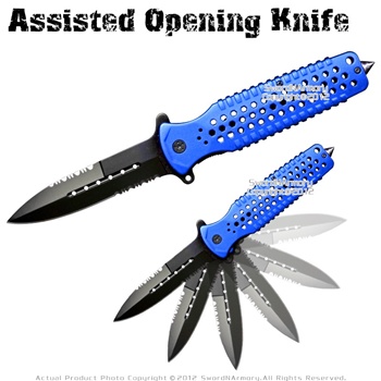 Serrated Spring Assisted Open Folding Knife Pocket Folder Surgical Steel Blue