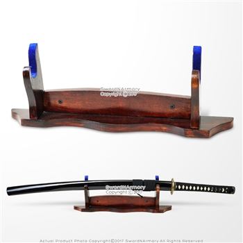 One Tier Samurai Katana Wakizashi Sword Display Stand Solid Wood w/ Blue Velvet